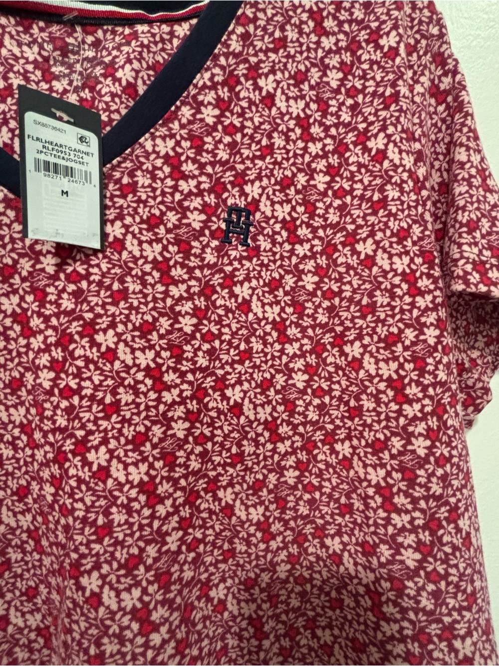 Tommy Hilfiger Red Floral Pajama Set with Navy Trim - Picture 4 of 9